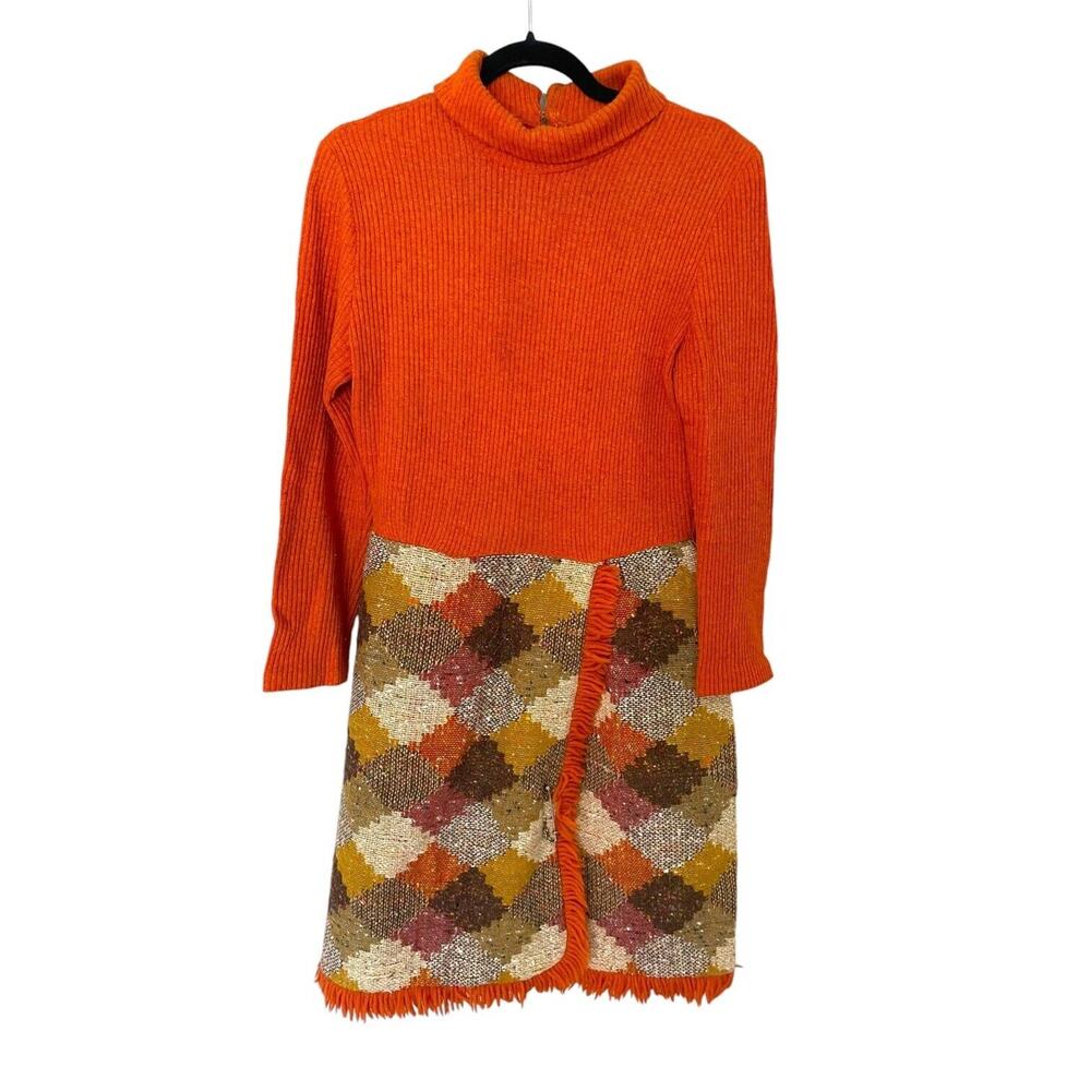 60s Vintage Orange Sweater Knit Fall Tapestry Dress Fringe Long Sleeve Autumn